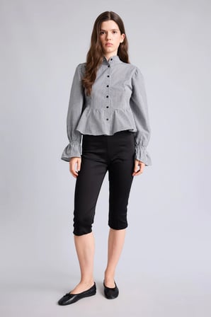 Pötikare Desenli Peplum Fitted Hakim Yaka Uzun Kollu Gömlek