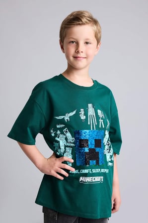 DeFacto Minecraft Lisanslı Oversıze 3D Baskılı Bisiklet Yaka Kısa Kollu Yeşil Tişört Erkek Çocuk H8262A826HSGN516