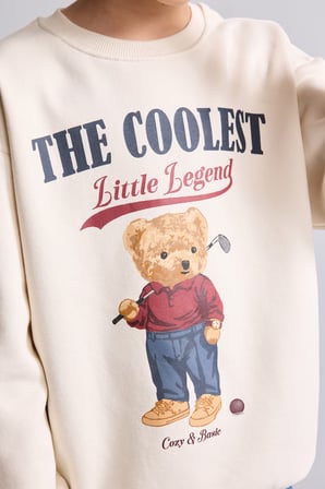 Oversize Bisiklet Yaka Ayıcık Figürlü Baskılı Uzun Kollu Sweatshirt Erkek Çocuk