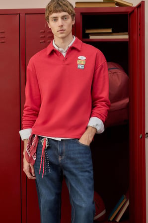 Boxy Fit Polo Yaka Düğmeli Baskılı Sweatshirt