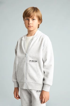 Defacto H9681A8GR400 Gri Baskılı Kapüşonlu Fermuarlı Cepli Sweatshirt Hırka Erkek Çocuk