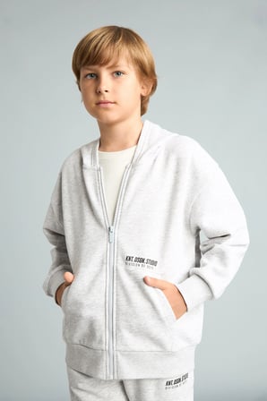 Defacto H9681A8GR400 Gri Baskılı Kapüşonlu Fermuarlı Cepli Sweatshirt Hırka Erkek Çocuk