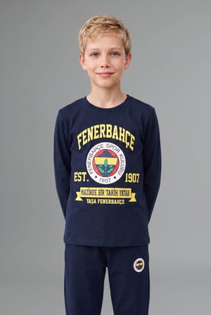 %100 Pamuk Fenerbahçe Lisanslı Bisiklet Yaka Uzun Kollu Üst Jogger Alt Pijama Takımı Erkek Çocuk
