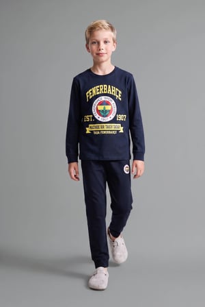 %100 Pamuk Fenerbahçe Lisanslı Bisiklet Yaka Uzun Kollu Üst Jogger Alt Pijama Takımı Erkek Çocuk