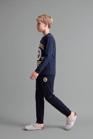 %100 Pamuk Fenerbahçe Lisanslı Bisiklet Yaka Uzun Kollu Üst Jogger Alt Pijama Takımı Erkek Çocuk