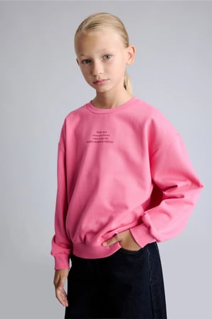 Relaxed Fit Bisiklet Yaka Baskılı İçi Yumuşak Tüylü Sweatshirt Kız Çocuk