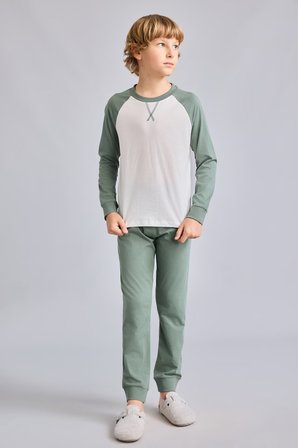 DeFacto %100 Pamuk Bisiklet Yaka Reglan Uzun Kollu Üst Lastik Paça Alt 2'li Pijama Takımı Erkek Çocuk I1443A826AUKH458