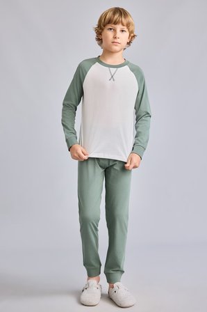 DeFacto %100 Pamuk Bisiklet Yaka Reglan Uzun Kollu Üst Lastik Paça Alt 2'li Pijama Takımı Erkek Çocuk I1443A826AUKH458