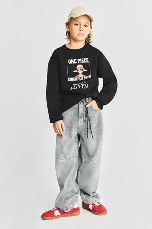 One Pıece Bisiklet Yaka Baskılı Sweatshirt Erkek Çocuk
