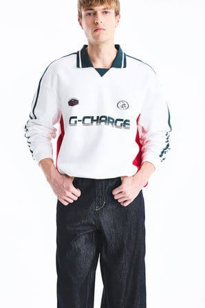 Boxy Fit Polo Yaka Uzun Kollu Baskılı Sweatshirt