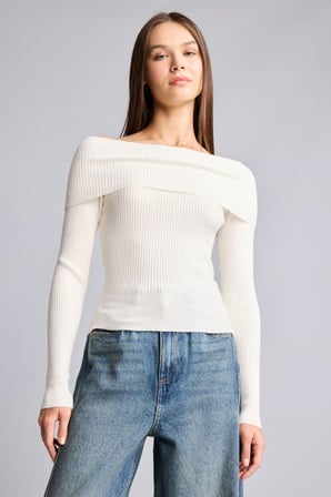 Fitted Omzu Açık Katlamalı Yakalı Fitilli Triko Basic Kazak