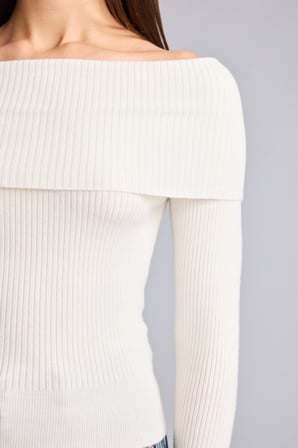 Fitted Omzu Açık Katlamalı Yakalı Fitilli Triko Basic Kazak