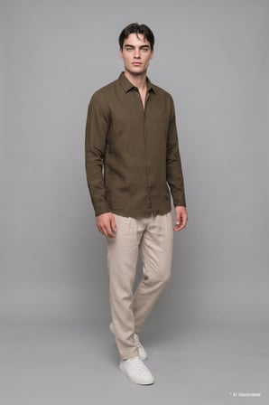 %100 Keten Regular Fit Polo Yaka Basic Uzun Kollu Gömlek