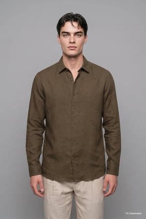 %100 Keten Regular Fit Polo Yaka Basic Uzun Kollu Gömlek
