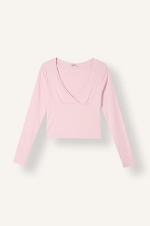 Fitted V Yaka Kruvaze Görünümlü Ribana Uzun Kollu Crop Basic Tişört