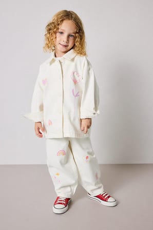 DeFacto %100 Pamuk Baggy Fıt Gabardin İşlemeli Ekru Pantolon Kız Bebek H9302A526AUER105