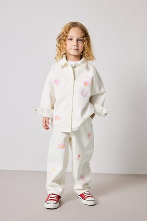 DeFacto %100 Pamuk Baggy Fıt Gabardin İşlemeli Ekru Pantolon Kız Bebek H9302A526AUER105