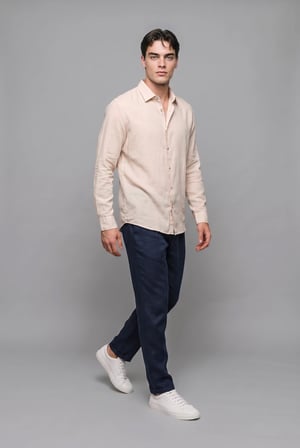 DeFacto %100 Keten Regular Fit Polo Yaka Basic Uzun Kollu Gömlek C1825AX26SMER218