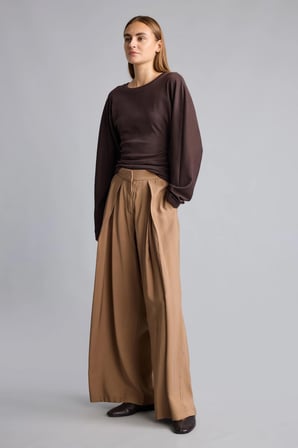Pileli Wide Leg Uzun Akışkan Kumaş Pantolon