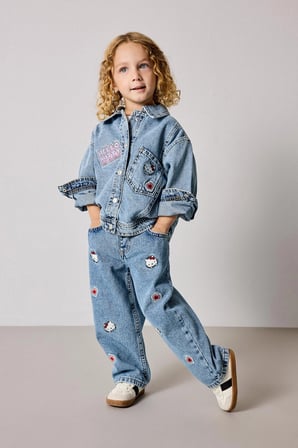 Defacto I1183A5NM28 Mavi Hello Kitty Nakışlı Beli Lastikli Barrel Fit Geniş Paça Jean Pantolon Kız Bebek
