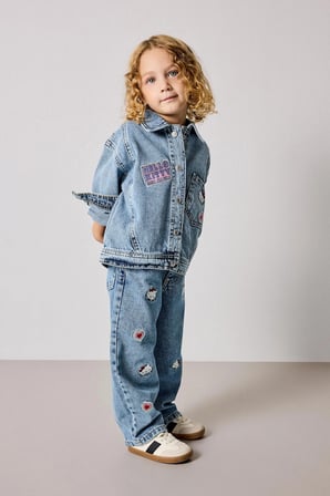 Defacto I1183A5NM28 Mavi Hello Kitty Nakışlı Beli Lastikli Barrel Fit Geniş Paça Jean Pantolon Kız Bebek