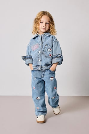 Defacto I1183A5NM28 Mavi Hello Kitty Nakışlı Beli Lastikli Barrel Fit Geniş Paça Jean Pantolon Kız Bebek