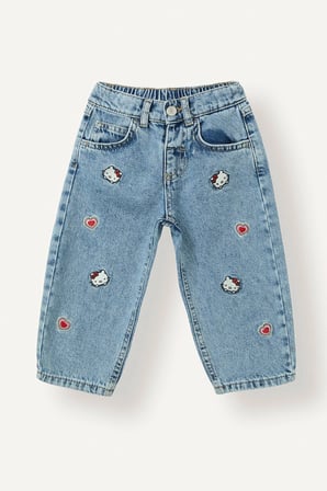 Defacto I1183A5NM28 Mavi Hello Kitty Nakışlı Beli Lastikli Barrel Fit Geniş Paça Jean Pantolon Kız Bebek