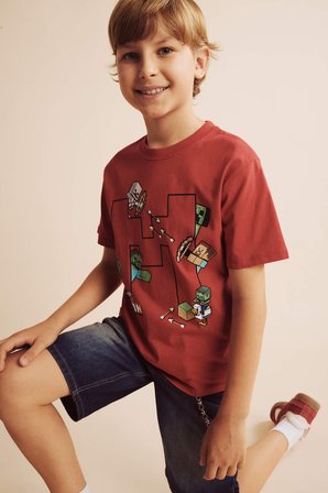 DeFacto %100 Pamuk Minecraft Oversıze Bisiklet Yaka Kısa Kollu Tişört Erkek Çocuk H3708A826SMRD227