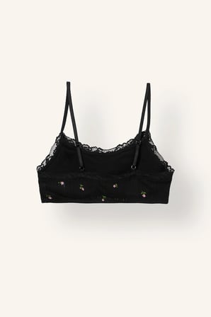 %100 Pamuk Çiçek İşlemeli Dantel Detaylı Fitilli Bralet Sütyen Çıkarılabilir Kap