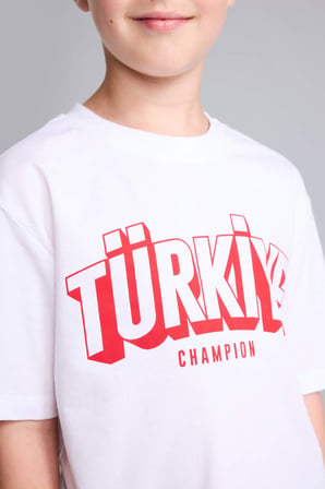 Regular Fıt Bisiklet Yaka Türkiye Baskılı Kısa Kollu Beyaz Tişört Erkek Çocuk