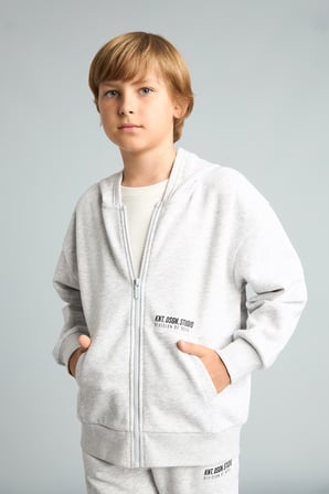 Baskılı Kapüşonlu Fermuarlı Cepli Sweatshirt Hırka Erkek Çocuk