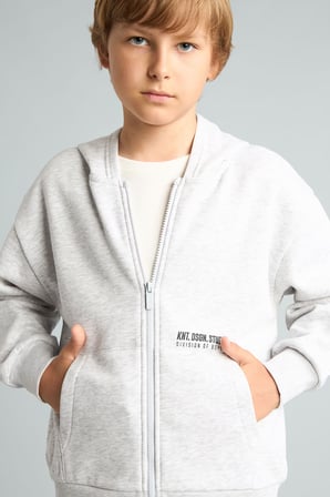 Baskılı Kapüşonlu Fermuarlı Cepli Sweatshirt Hırka Erkek Çocuk