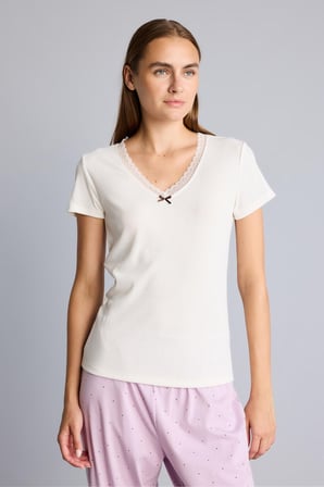 Regular Fit V Yaka Kısa Kollu Dantel Detaylı Üst Esnek Belli Alt Ribana Pijama Takımı