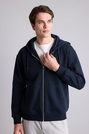 Defacto D7599AXNV64 Lacivert Relax Fit Kapüşonlu İçi Yumuşak Tüylü Kanguru Cepli Fermuarlı Sweatshirt