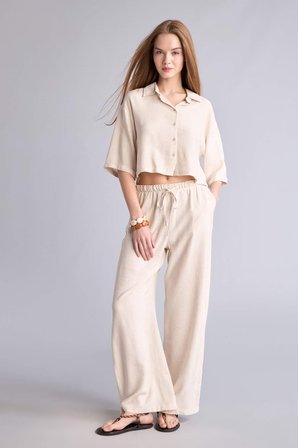 DeFacto Keten Karışımlı Pantolon Wide Leg Basıc Çift Cepli Yüksek Bel Standart Boy C6021AX26SMBG286