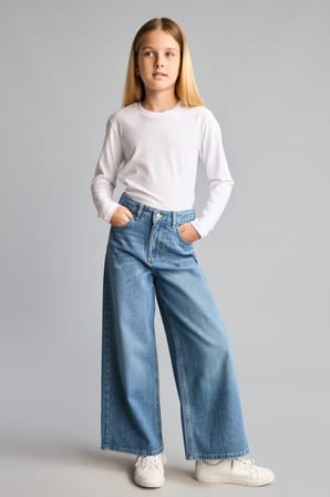 90's Wide Leg Düğmeli Jean Pantolon Kız Çocuk