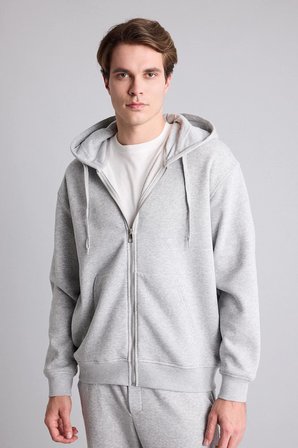 DeFacto Relax Fit Kapüşonlu İçi Yumuşak Tüylü Basic Düz Cepli Kalın Fermuarlı Sweatshirt D7599AX26AUGR210