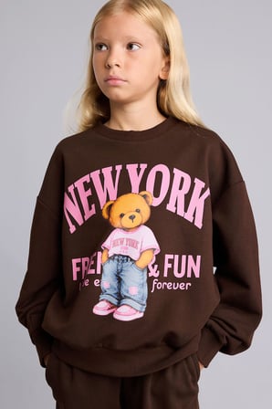 Relax Fit Bisiklet Yaka Ayıcık Baskılı Sweatshirt Kız Çocuk