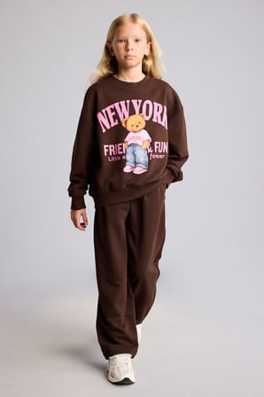 Relax Fit Bisiklet Yaka Ayıcık Baskılı Sweatshirt Kız Çocuk