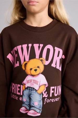 Relax Fit Bisiklet Yaka Ayıcık Baskılı Sweatshirt Kız Çocuk