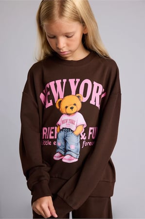 Relax Fit Bisiklet Yaka Ayıcık Baskılı Sweatshirt Kız Çocuk