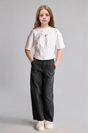 %100 Pamuk Baggy Fıt Jean Pantolon Kız Çocuk