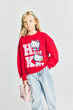Hello Kitty Baskılı Relax Fit Bisiklet Yaka Sweatshirt Kız Çocuk