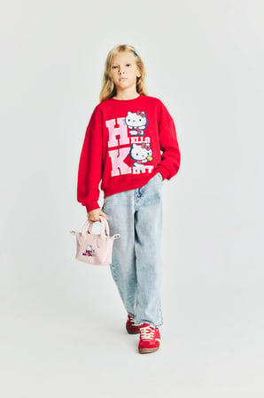 Hello Kitty Baskılı Relax Fit Bisiklet Yaka Sweatshirt Kız Çocuk