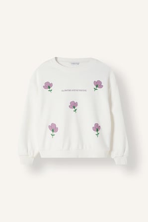 Relax Fit Bisiklet Yaka Nakışlı Çiçekli Uzun Kollu Sweatshirt Kız Çocuk