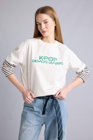 DeFacto Kpop - Demon Hunters Oversıze Sırt Baskılı Tişört H7152AX26SPWT32