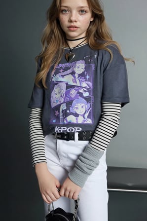 DeFacto %100 Pamuk Kpop - Demon Hunters Relax Fıt Tişört Kız Çocuk H3842A826SMAR58