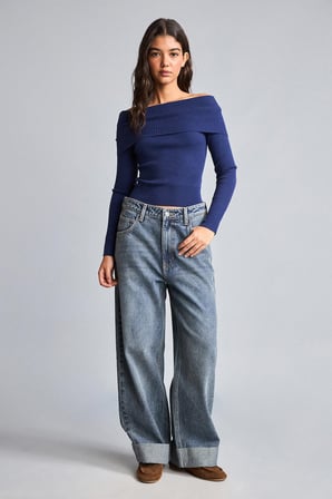 Fitted Omzu Açık Katlamalı Yakalı Fitilli Triko Basic Kazak