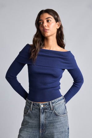 Fitted Omzu Açık Katlamalı Yakalı Fitilli Triko Basic Kazak