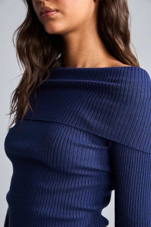 Fitted Omzu Açık Katlamalı Yakalı Fitilli Triko Basic Kazak